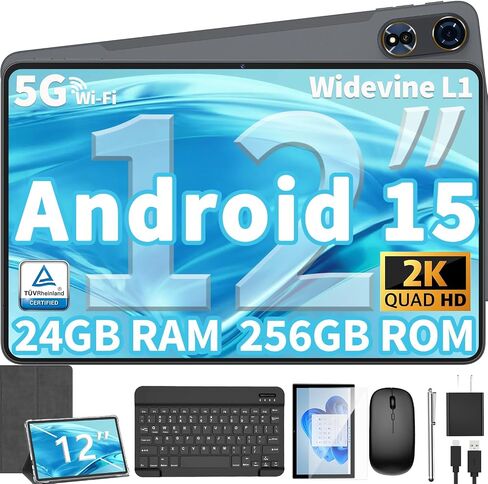12 Inch Tablet Android 15 Tablets, 2025 Upgraded Android Tablet with Keyboard, 24GB RAM+256GB ROM(1TB Expand), Octa-Core, 2K 2000x1200 Display, 16MP Dual Camera, 8000mAh, 2.4G/5G WiFi, GPS (Black) in Saudi Arabia
