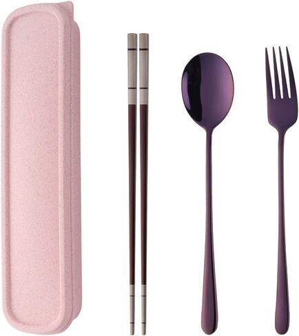 Do Buy Stainless Steel Fork Spoon Chopsticks with a Durable Case for Home Outdoor Camping Traveling Hiking, Purple in Saudi Arabia