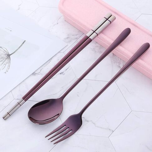 Do Buy Stainless Steel Fork Spoon Chopsticks with a Durable Case for Home Outdoor Camping Traveling Hiking, Purple in Saudi Arabia