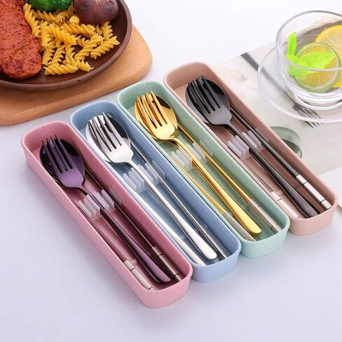 Do Buy Stainless Steel Fork Spoon Chopsticks with a Durable Case for Home Outdoor Camping Traveling Hiking, Purple in Saudi Arabia