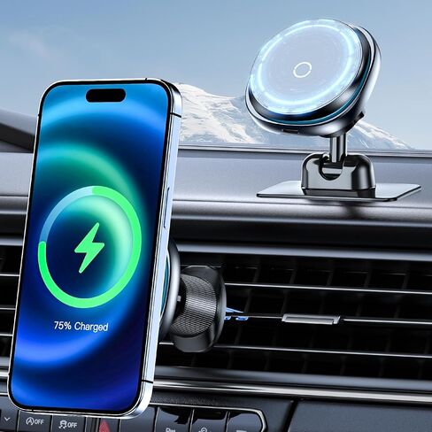 This Hill 15W Fast Magnetic Car Phone Mount - 2-in-1 Dashboard/Air Vent Mount with 360° Rotation & Secure Double Hook Clip, Includes QC 3.0 Adapter, Compatible with MagSafe Case,iPhone,Samsung,Google in Kuwait