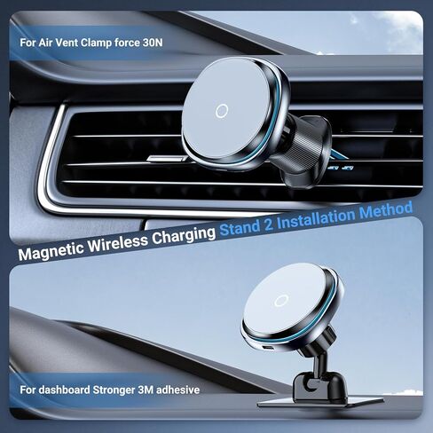 This Hill 15W Fast Magnetic Car Phone Mount - 2-in-1 Dashboard/Air Vent Mount with 360° Rotation & Secure Double Hook Clip, Includes QC 3.0 Adapter, Compatible with MagSafe Case,iPhone,Samsung,Google in Kuwait