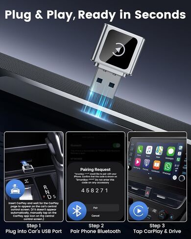 محول CarPlay اللاسلكي لـ Apple iPhone ، يحولون سلكية إلى مجموعة Carplay Mini WiRely مع محول USB-C إلى USB-A للسيارات من 2016 و IOS 10+ (Silver) in Saudi Arabia