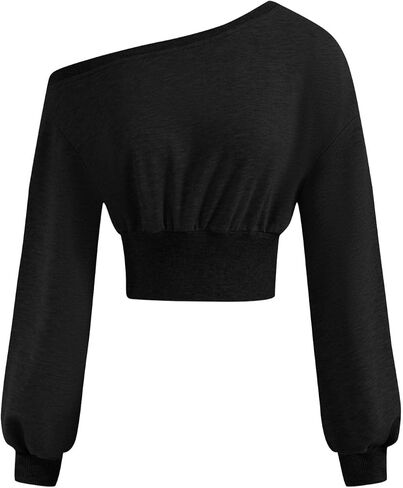 Verdusa Women's One Shoulder Long Sleeve Crop Sweatshirt Top Casual Pullovers in Kuwait