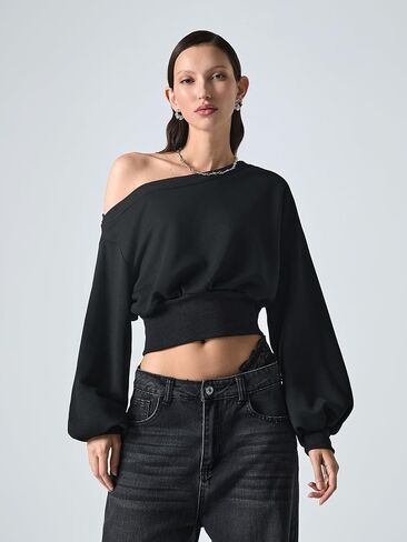 Verdusa Women's One Shoulder Long Sleeve Crop Sweatshirt Top Casual Pullovers in Kuwait
