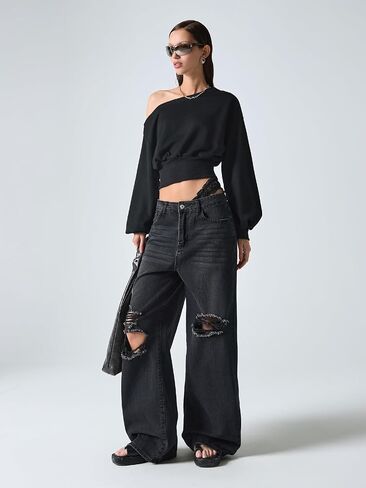 Verdusa Women's One Shoulder Long Sleeve Crop Sweatshirt Top Casual Pullovers in Kuwait