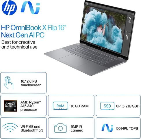 HP 2025 New Envy x360 2-in-1 Laptop, OmniBook X Flip 16" Touchscreen 2K IPS Display, AMD Ryzen AI 5 340, 16GB LPDDR5X RAM, 512GB Gen 4 SSD, Copilot AI, WiFi 6E, w/Microsoft Surface Pen, Win 11 Home in Kuwait