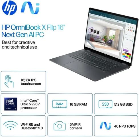 HP OmniBook X Flip 2-in-1 Copilot+ AI PC Laptop, 16" 2K Touchscreen, Intel Core Ultra 5 226V(>Ultra 7 155U), 16GB LPDDR5X, 1TB SSD, 5MP IR Webcam, Backlit KB, W/128GB PSD&Stylus, Win11 Home in Saudi Arabia