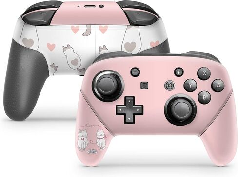 ZOOMHITSKINS Switch Pro Controller Skin, Compatible for Switch Controller Skin, Sweet Cats Love Pink Rose Pastel White Felin, 3M Vinyl Cover, Durable & Fit, Easy to Install, Made in The USA in Saudi Arabia