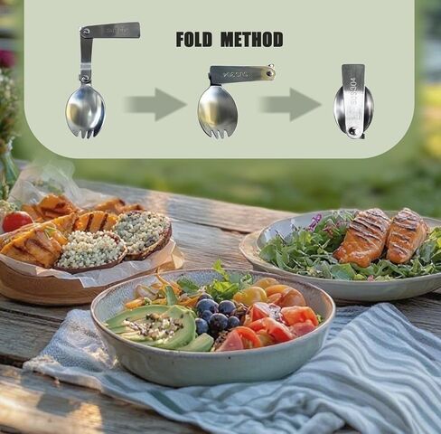 2pcs sporks قابلة للطي و 2pcs ملاعق قابلة للطي ، أواني طي من الفولاذ المقاوم للصدأ المحمولة - أدوات المائدة المدمجة للتخييم في صندوق الغداء ، والمشي لمسافات طويلة ، والنزهة in Kuwait