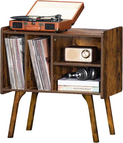 Lelelinky Record Player Stand ، طاولة تخزين سجلات فينيل مع 4 خزانة يصل إلى 120 ألبومًا ، وقصة القرص الدوار في منتصف القرن مع أرجل الخشب ، ورفف عرض فينيل أبيض لغرفة غرفة النوم in Kuwait