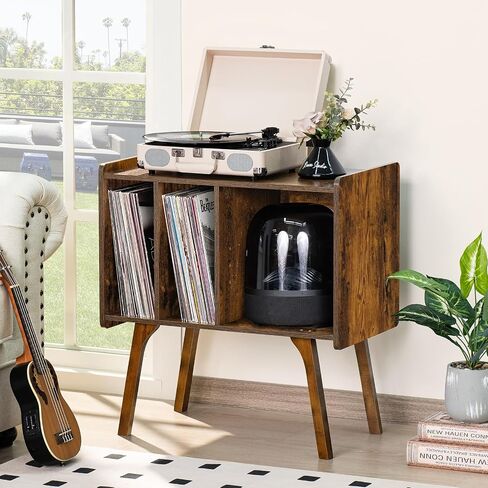 Lelelinky Record Player Stand ، طاولة تخزين سجلات فينيل مع 4 خزانة يصل إلى 120 ألبومًا ، وقصة القرص الدوار في منتصف القرن مع أرجل الخشب ، ورفف عرض فينيل أبيض لغرفة غرفة النوم in Kuwait