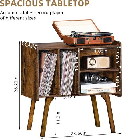 Lelelinky Record Player Stand ، طاولة تخزين سجلات فينيل مع 4 خزانة يصل إلى 120 ألبومًا ، وقصة القرص الدوار في منتصف القرن مع أرجل الخشب ، ورفف عرض فينيل أبيض لغرفة غرفة النوم in Kuwait