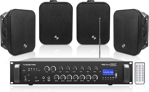 Sound Town Restaurant Bluetooth Amplifier + مجموعة مكبرات صوت سطحية ، مع مكبر صوت واحد 60 فولت/100 فولت مع Bluetooth ، مكبرات صوت سطحية 4 × 5.25 بوصة ، أسود (PAC180X4MS5B) in Saudi Arabia