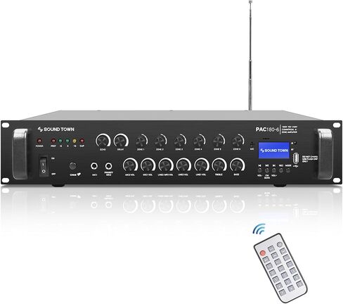 Sound Town Restaurant Bluetooth Amplifier + مجموعة مكبرات صوت سطحية ، مع مكبر صوت واحد 60 فولت/100 فولت مع Bluetooth ، مكبرات صوت سطحية 4 × 5.25 بوصة ، أسود (PAC180X4MS5B) in Saudi Arabia
