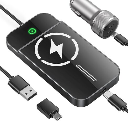 محول CarPlay اللاسلكي مع شحن لاسلكي سريع 15 واط-سلكية إلى محول Carplay اللاسلكي ، 2025 تم تحديثها لـ iPhone & Android ، Plug & Play ، زمن انتقال منخفض للغاية ، 3x Fast Auto-Connect in Saudi Arabia