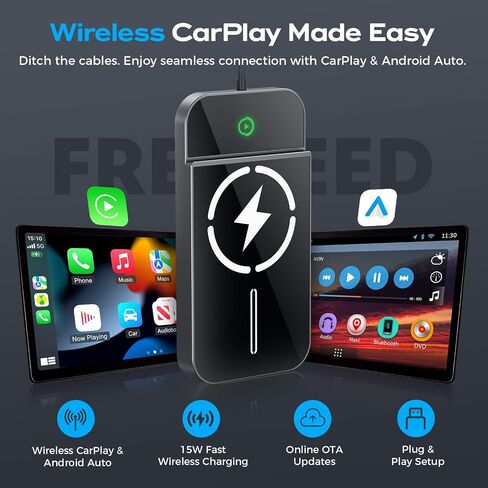 محول CarPlay اللاسلكي مع شحن لاسلكي سريع 15 واط-سلكية إلى محول Carplay اللاسلكي ، 2025 تم تحديثها لـ iPhone & Android ، Plug & Play ، زمن انتقال منخفض للغاية ، 3x Fast Auto-Connect in Saudi Arabia
