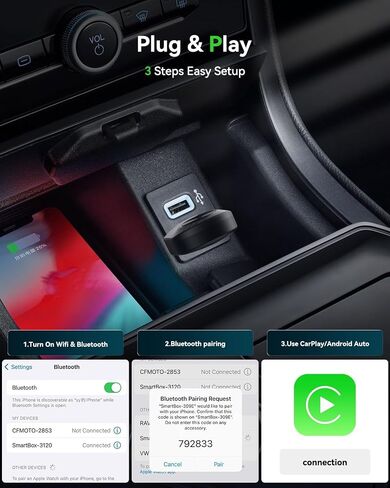 2-in-1 Apple Carplay & Android Auto Wireless Adapter-2025 Mini Dongle مع USB-C ، فإن المكونات والتشغيل بسلاسة يحول المصنع السلكية إلى اللاسلكي ، لا يوجد أي تأخير للسيارات 2016+ in Kuwait