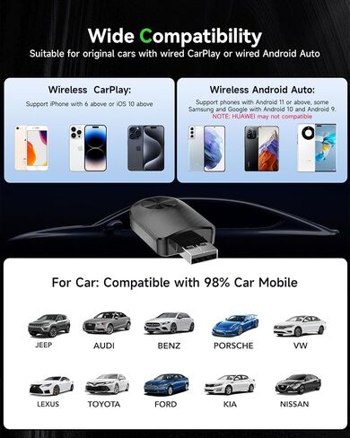 2-in-1 Apple Carplay & Android Auto Wireless Adapter-2025 Mini Dongle مع USB-C ، فإن المكونات والتشغيل بسلاسة يحول المصنع السلكية إلى اللاسلكي ، لا يوجد أي تأخير للسيارات 2016+ in Kuwait