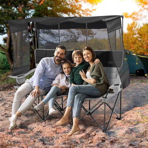 3 Person Camping Chair with Canopy Shade Fully Padded Folding Outdoor Oversized Camping Sofa for 2-3 Person, Heavy Duty Couch with Cup Holder and Carry Bag for Lawn Camp Fall Outdoor Activities in Kuwait