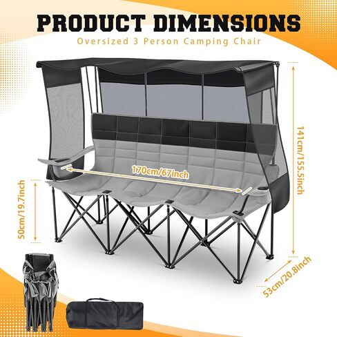 3 Person Camping Chair with Canopy Shade Fully Padded Folding Outdoor Oversized Camping Sofa for 2-3 Person, Heavy Duty Couch with Cup Holder and Carry Bag for Lawn Camp Fall Outdoor Activities in Kuwait