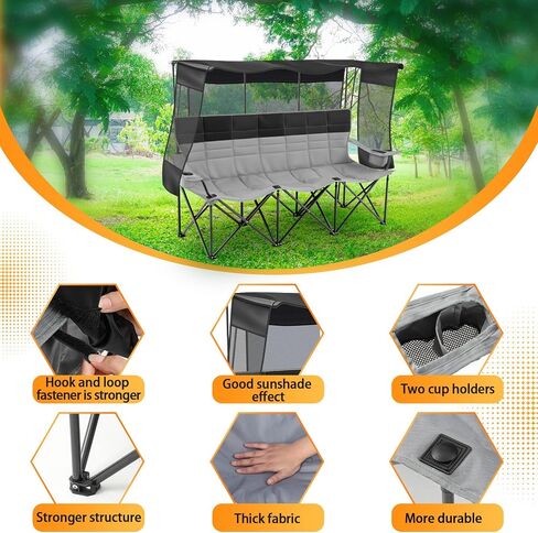 3 Person Camping Chair with Canopy Shade Fully Padded Folding Outdoor Oversized Camping Sofa for 2-3 Person, Heavy Duty Couch with Cup Holder and Carry Bag for Lawn Camp Fall Outdoor Activities in Kuwait