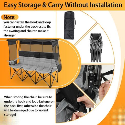 3 Person Camping Chair with Canopy Shade Fully Padded Folding Outdoor Oversized Camping Sofa for 2-3 Person, Heavy Duty Couch with Cup Holder and Carry Bag for Lawn Camp Fall Outdoor Activities in Kuwait