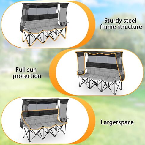 3 Person Camping Chair with Canopy Shade Fully Padded Folding Outdoor Oversized Camping Sofa for 2-3 Person, Heavy Duty Couch with Cup Holder and Carry Bag for Lawn Camp Fall Outdoor Activities in Kuwait