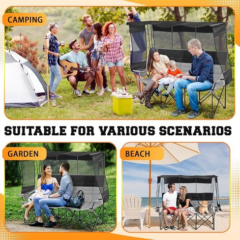 3 Person Camping Chair with Canopy Shade Fully Padded Folding Outdoor Oversized Camping Sofa for 2-3 Person, Heavy Duty Couch with Cup Holder and Carry Bag for Lawn Camp Fall Outdoor Activities in Kuwait