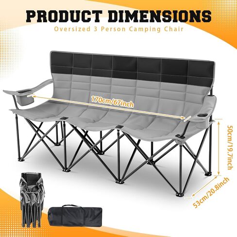3 Person Camping Chair with Canopy Shade Fully Padded Folding Outdoor Oversized Camping Sofa for 2-3 Person, Heavy Duty Couch with Cup Holder and Carry Bag for Lawn Camp Fall Outdoor Activities in Saudi Arabia