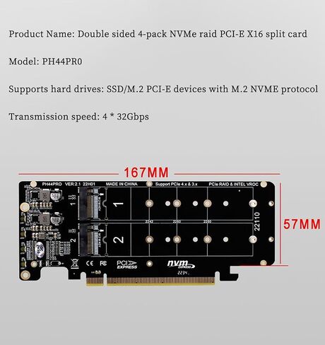 PH44Pro مزدوجة على الوجهين 4 * M.2 M-Key NVME إلى PCIE X16 SPLITTER CARD 4 * 32GBPS 2U RAID ARRAY ARRAY ADAPTIN in Saudi Arabia
