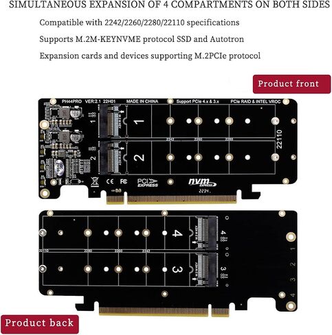 PH44Pro مزدوجة على الوجهين 4 * M.2 M-Key NVME إلى PCIE X16 SPLITTER CARD 4 * 32GBPS 2U RAID ARRAY ARRAY ADAPTIN in Saudi Arabia