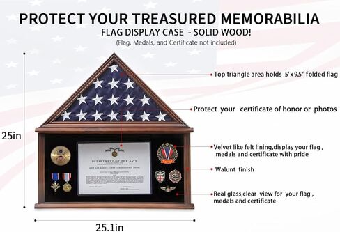 Zmiky علم الدفن الكبير وحقيبة عرض العملات المعدنية للتحدي العسكري، خزانة خشبية صلبة تناسب علم 5 × 9.5 مطوية، قابلة للإزالة، 2 أرفف أخاديد وحقيبة عرض علم قابلة للقفل مع حامل شهادة، جوز in Kuwait