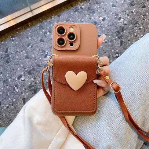 SGVAHY for iPhone 16 Pro Case with Strap Card Holder Crossbody Lanyard, Cute Phone Wallet Case for Women Girls, Brown Heart Design Leather Purse Soft Silicone Cover for iPhone 16 Pro in Saudi Arabia
