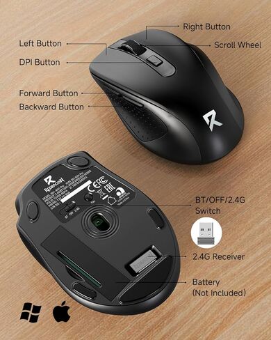 Redragon اللاسلكية الماوس BT5.0/3.0 و 2.4G ، 6 أزرار ، 5 مستوى 4000DPI الماوس بلوتوث ، بطارية 18 شهر in Saudi Arabia