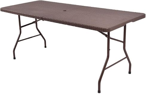 Tangkula 6Ft Rattan Folding Table, Indoor Outdoor Portable Foldable Table with 1.8 Inch Umbrella Hole, Heavy Duty Metal Frame, Carrying Handle for Camping Picnic Backyard BBQ in Saudi Arabia