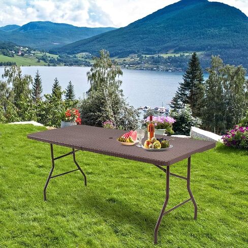 Tangkula 6Ft Rattan Folding Table, Indoor Outdoor Portable Foldable Table with 1.8 Inch Umbrella Hole, Heavy Duty Metal Frame, Carrying Handle for Camping Picnic Backyard BBQ in Saudi Arabia
