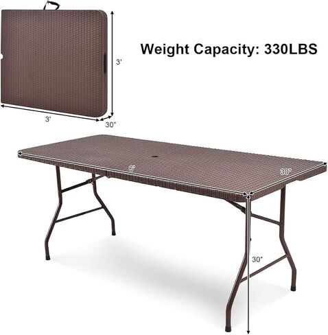 Tangkula 6Ft Rattan Folding Table, Indoor Outdoor Portable Foldable Table with 1.8 Inch Umbrella Hole, Heavy Duty Metal Frame, Carrying Handle for Camping Picnic Backyard BBQ in Saudi Arabia