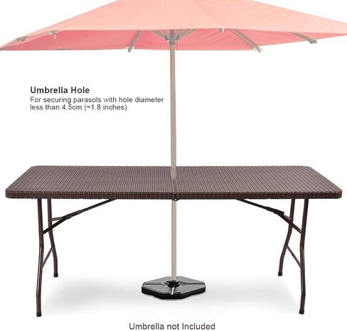 Tangkula 6Ft Rattan Folding Table, Indoor Outdoor Portable Foldable Table with 1.8 Inch Umbrella Hole, Heavy Duty Metal Frame, Carrying Handle for Camping Picnic Backyard BBQ in Saudi Arabia