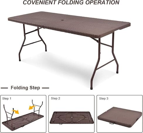 Tangkula 6Ft Rattan Folding Table, Indoor Outdoor Portable Foldable Table with 1.8 Inch Umbrella Hole, Heavy Duty Metal Frame, Carrying Handle for Camping Picnic Backyard BBQ in Saudi Arabia
