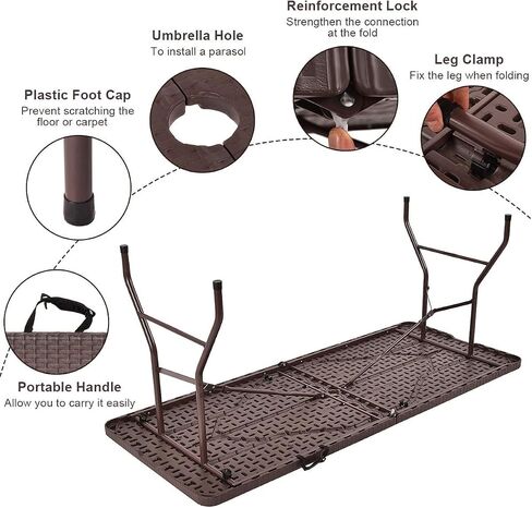 Tangkula 6Ft Rattan Folding Table, Indoor Outdoor Portable Foldable Table with 1.8 Inch Umbrella Hole, Heavy Duty Metal Frame, Carrying Handle for Camping Picnic Backyard BBQ in Saudi Arabia
