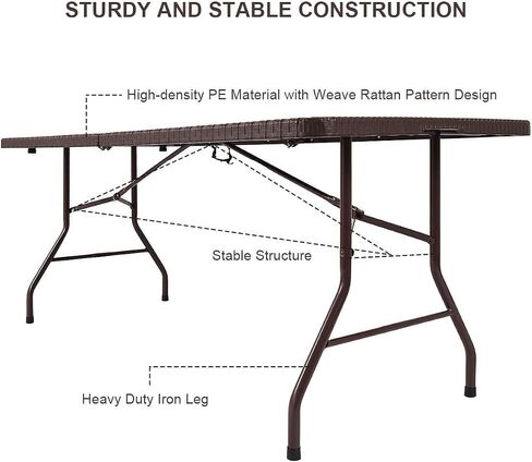 Tangkula 6Ft Rattan Folding Table, Indoor Outdoor Portable Foldable Table with 1.8 Inch Umbrella Hole, Heavy Duty Metal Frame, Carrying Handle for Camping Picnic Backyard BBQ in Saudi Arabia