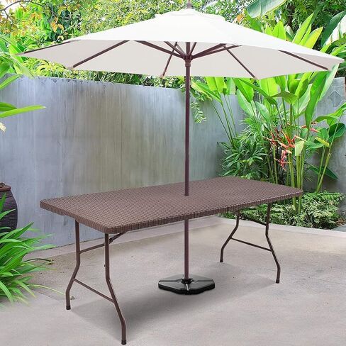 Tangkula 6Ft Rattan Folding Table, Indoor Outdoor Portable Foldable Table with 1.8 Inch Umbrella Hole, Heavy Duty Metal Frame, Carrying Handle for Camping Picnic Backyard BBQ in Saudi Arabia