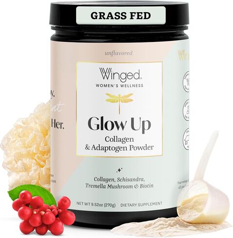 مسحوق ببتيد الكولاجين AM من Winged Wellness Glow Up | بشرة الصباح و Adaptogens للبشرة المتوهجة والطاقة. الكولاجين الذي يتغذى على العشب مع عرف الأسد والماكا وفيتامين ب12 بدون نكهة، 21 حصة in Saudi Arabia