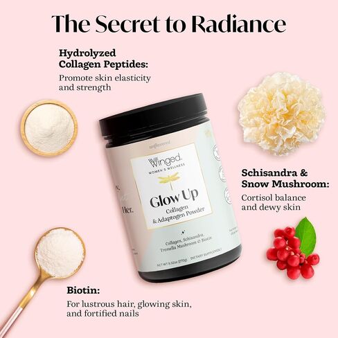 مسحوق ببتيد الكولاجين AM من Winged Wellness Glow Up | بشرة الصباح و Adaptogens للبشرة المتوهجة والطاقة. الكولاجين الذي يتغذى على العشب مع عرف الأسد والماكا وفيتامين ب12 بدون نكهة، 21 حصة in Saudi Arabia