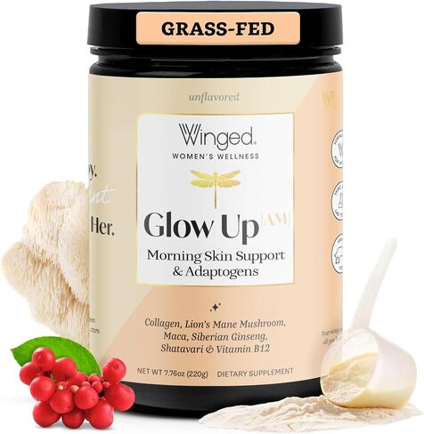 مسحوق ببتيد الكولاجين AM من Winged Wellness Glow Up | بشرة الصباح و Adaptogens للبشرة المتوهجة والطاقة. الكولاجين الذي يتغذى على العشب مع عرف الأسد والماكا وفيتامين ب12 بدون نكهة، 21 حصة in Saudi Arabia