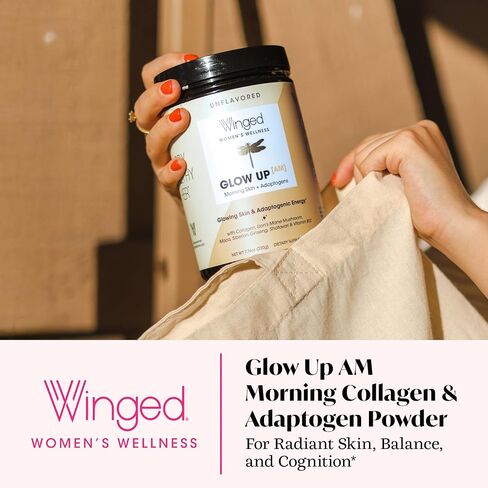 مسحوق ببتيد الكولاجين AM من Winged Wellness Glow Up | بشرة الصباح و Adaptogens للبشرة المتوهجة والطاقة. الكولاجين الذي يتغذى على العشب مع عرف الأسد والماكا وفيتامين ب12 بدون نكهة، 21 حصة in Saudi Arabia