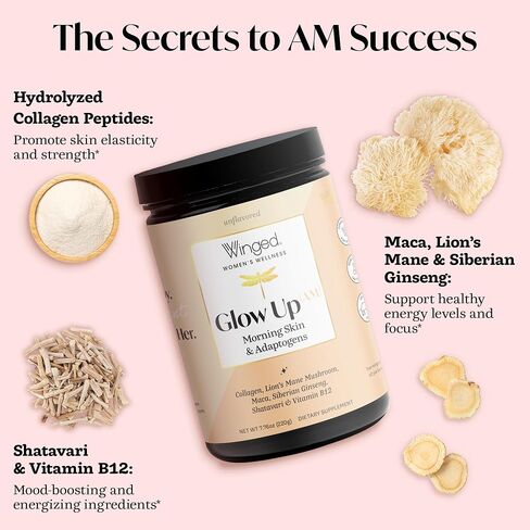 مسحوق ببتيد الكولاجين AM من Winged Wellness Glow Up | بشرة الصباح و Adaptogens للبشرة المتوهجة والطاقة. الكولاجين الذي يتغذى على العشب مع عرف الأسد والماكا وفيتامين ب12 بدون نكهة، 21 حصة in Saudi Arabia