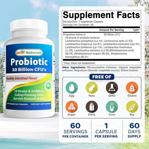 Best Naturals Probiotic 10 Strains & 30 Billion CFU Intestinal Flora, 60 Veggie Capsules (60 Count (Pack of 1)) in Saudi Arabia
