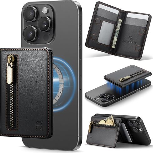 حامل البطاقة المغناطيسي متوافق مع هواتف Magsafe والحالات ، محفظة هاتف Pu Leather Slim لجهاز iPhone 16/15/14/13/12/pro/max/plus ، 4 فتحات بطاقة RFID مع جيب سحاب - أسود in Saudi Arabia